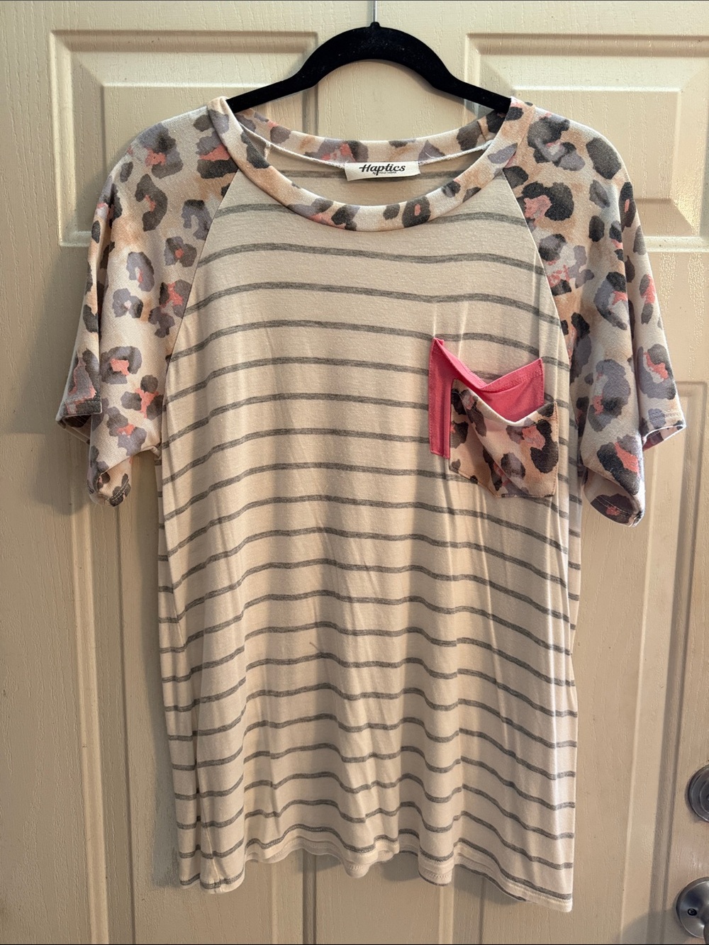 Haptics Women's Cream Striped Tee with Pink Leopard Pocket